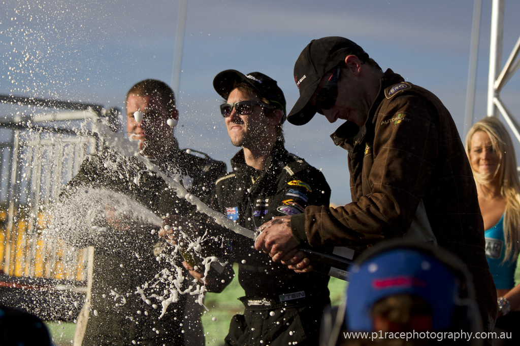 Nick Coulson (middle) enjoys his ADGP victory alongside Tom Monkhouse (right) and Michael Prosenik