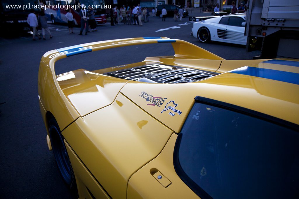 Sevens Day 2013 - Yellow Ferrari F50 - rear three-quarter panel high-angle shot 4