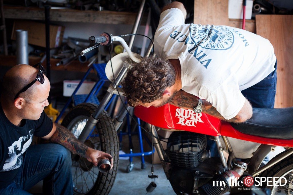(L-R)Jarrett and Mark working on the Super Rat flat track bike. 