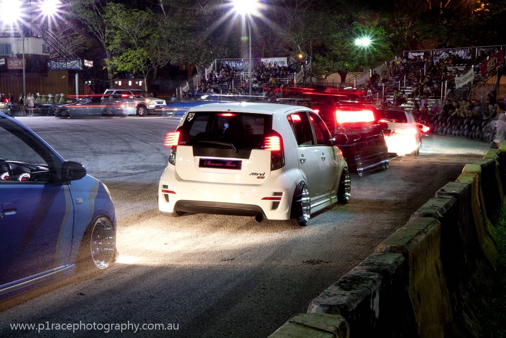 Speed City drift night - Limbo competition - White Perodua Myvi - long exposure rear three-quarter wide shot 7