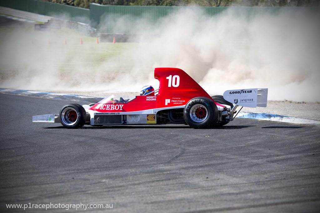 V8 Supercars 2013 - Sandown 500 - Formula 5000 - Andrew Higgins - Lola T400 - Turn 1 spin shot 5