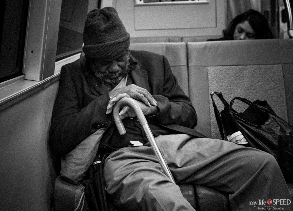 I had the opportunity to hang out with several talented photographers in San Francisco one Friday night.  This was one of the resulting images from that night.  A well weathered man rides the train home at the end of a long night.