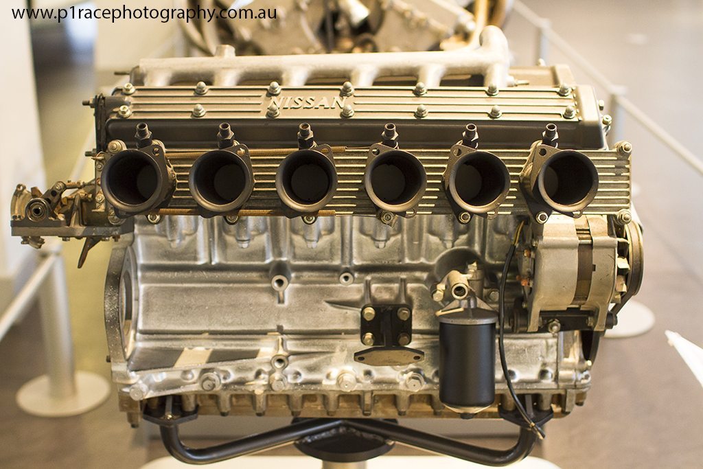 Nissan Engine Museum - R380 engine - side-on profile view - velocity stacks 1