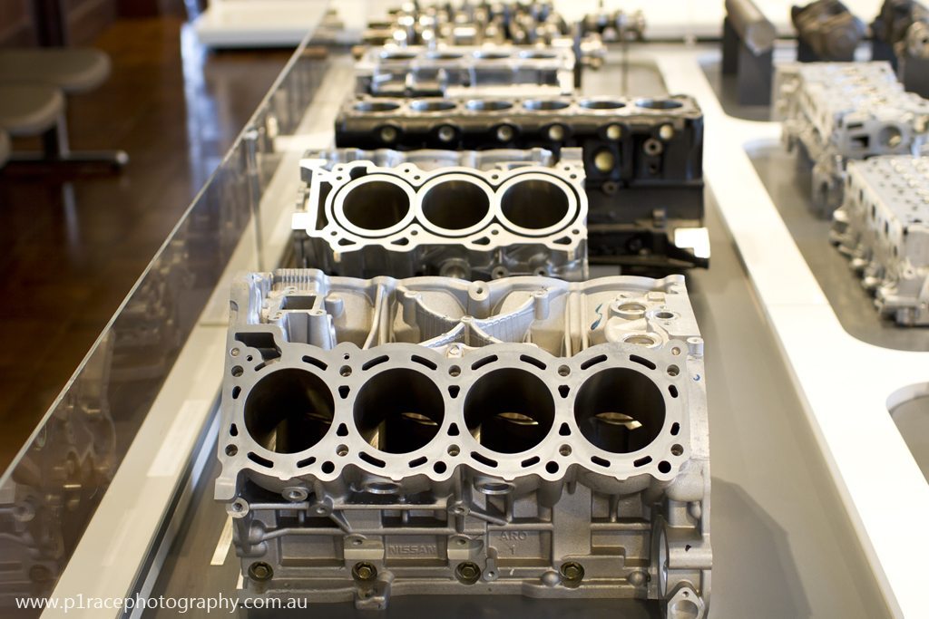 Nissan Engine Museum - Upstairs - Engine parts exhibit - Blocks and crankshafts landscape 1
