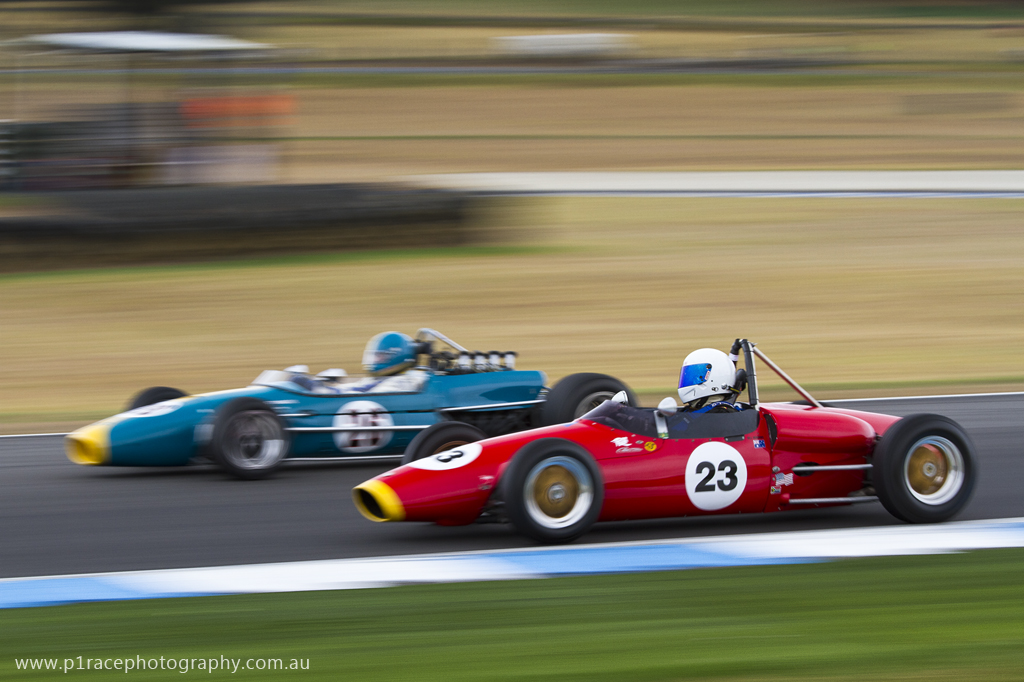 Phillip Island Classic 2014 - Friday - Bill Hemming - Elfin Formula Junior - Peter Strauss - Repco Brabham - Turn 4 exit - front three-quarter pan 1