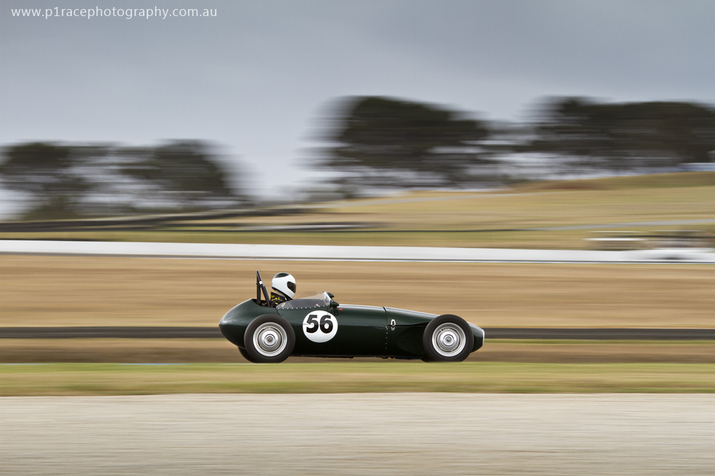 Phillip Island Classic 2014 - Friday - James Elphick - 1956 Gazelle Ford Special - Turn 2 exit - profile pan 1
