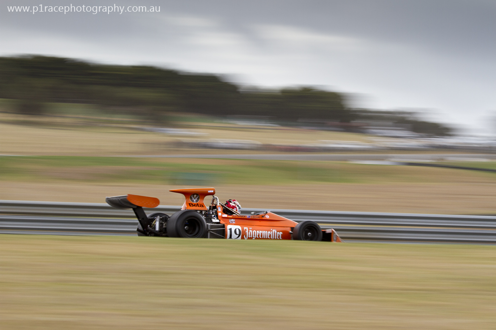 Phillip Island Classic 2014 - Friday - John Bowe - Jaegermeister F1 - Turn 3 entry - rear three-quarter pan 1