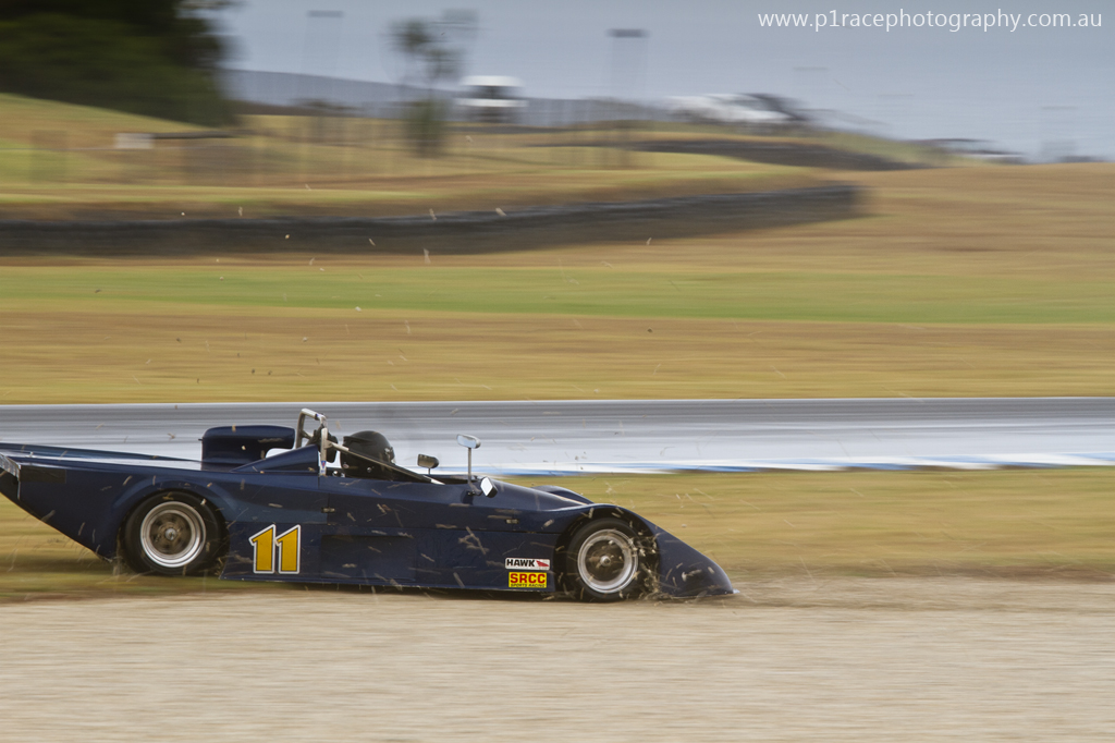 Phillip Island Classic 2014 - Friday - Kim McCarthy - March Apache - Turn 8 - Spin - off-road - profile pan 1