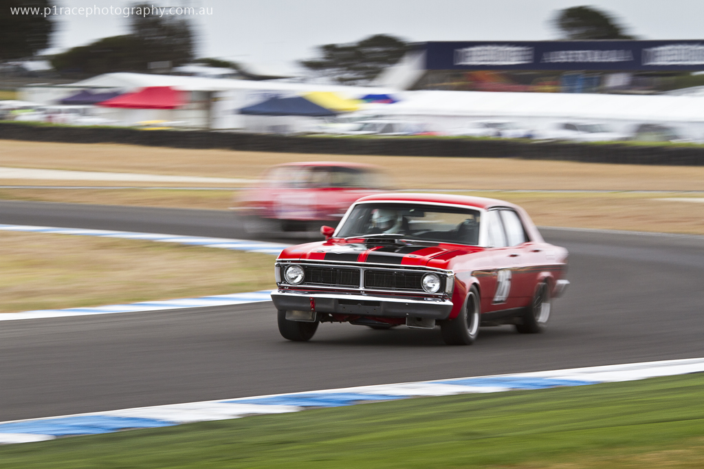 Phillip Island Classic 2014 - Friday - Race-winning XY Ford Falcon GT - Turn 4 exit - front three-quarter pan 1