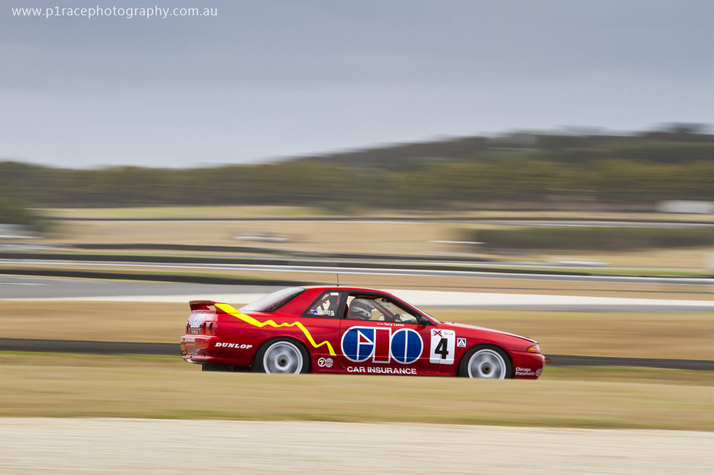Phillip Island Classic 2014 - Friday - Terry Lawlor - GIO Group A R32 Nissan Skyline GT-R - Turn 2 exit - profile pan 6