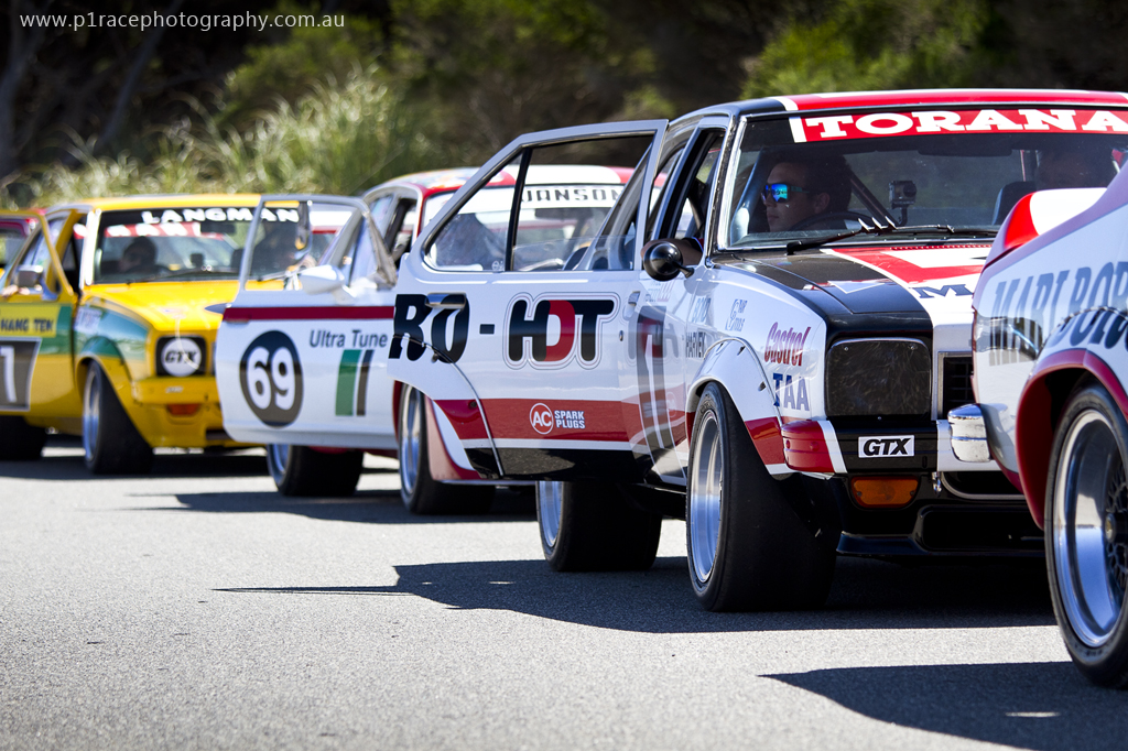 Phillip Island Classic 2014 - Sunday - Parade lap - Holden Torana GTR XU1 race car group - Colin Bond machine in focus 3