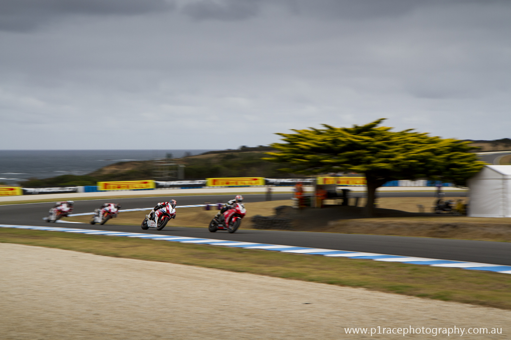 WSBK 2014 - Round 1 - Phillip Island - Saturday - Australian Superbike Prostock - Wayne Maxwell Jamie Stauffer Josh Hook - Honda CBR1000RR - Turn 6 exit - front three-quarter pan 1