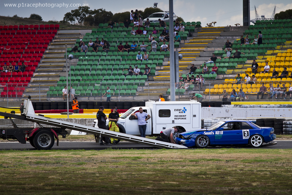 VicDrift 2014 Round 1 - Calder Park - Adrian Blanksby - Blue S13 Nissan Silvia - Post-crash shot 2