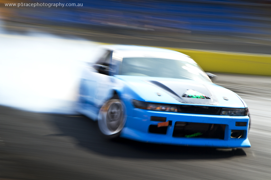 VicDrift 2014 Round 1 - Calder Park - Adrian Blanksby - S13 Nissan Silvia - Final turn exit - front three-quarter pan 14