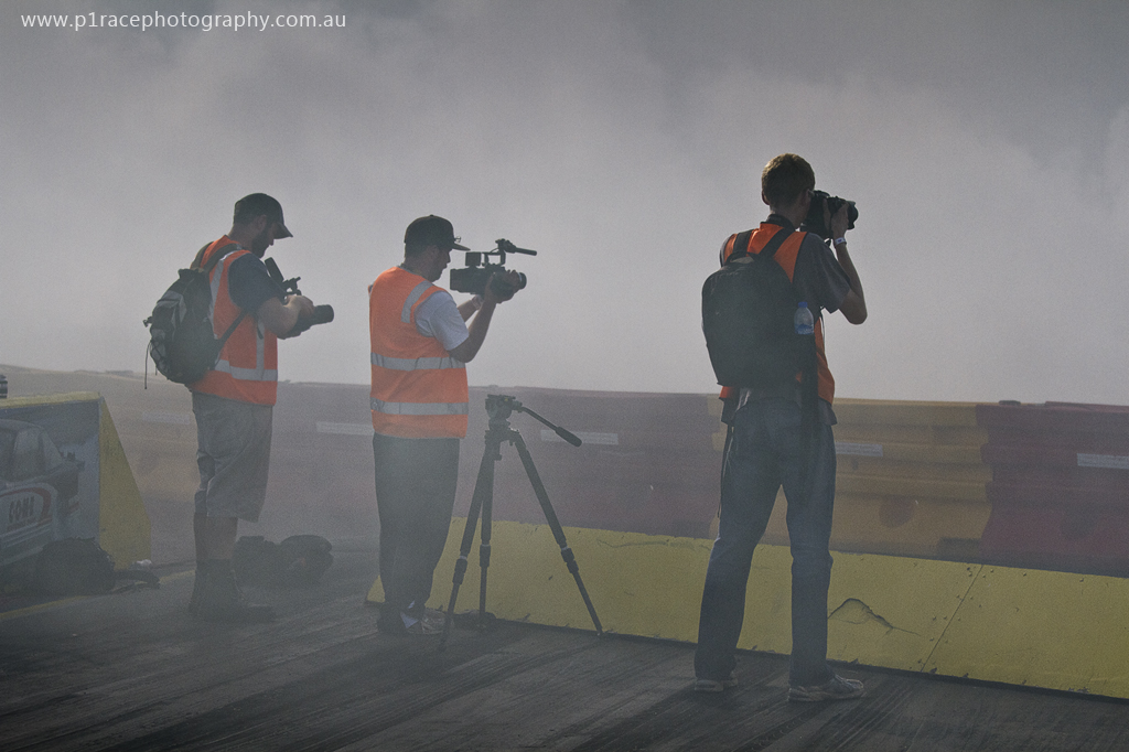 VicDrift 2014 Round 1 - Calder Park - Post-celebration burnout - Media shooting smoke 2