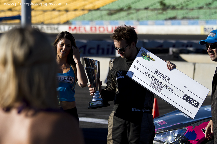 ADGP 2014 Final - Calder Park - Beau Yates - Winners circle - Holding cheque trophy and champagne 1