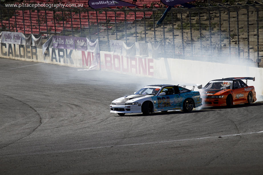 ADGP 2014 Final - Calder Park - Brent Gordon - Brad Tuohy - S13 Nissan Silvia - Sileighty - Turn 1 entry - front three-quarter shot 2