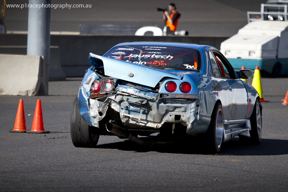 ADGP 2014 Final - Calder Park - Jack Lowick - R33 Nissan Skyline - Finishing zone - post-crash rear-end shot 1