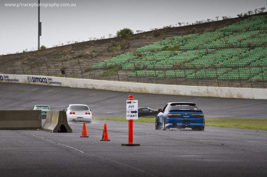 ADGP 2014 Finals - Calder Park - Moe El-Haouli - Blue S13 Nissan Silvia - Gerald Govender - R33 Skyline sedan - Return road shot 1