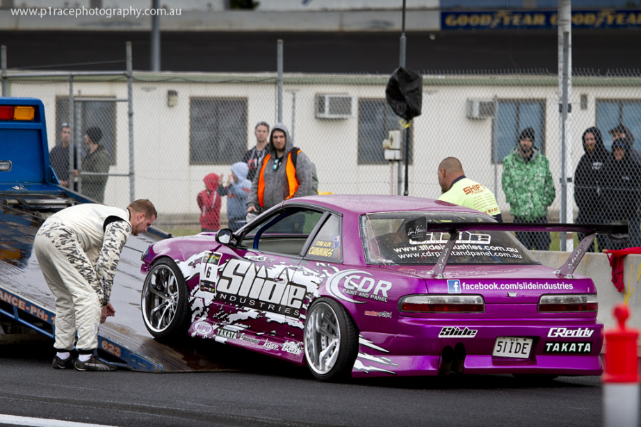 ADGP 2014 Finals - Calder Park - Ryan Cummings - S13 strawberry face Nissan Silvia - Post gearbox trouble - flatbed truck loading shot 2