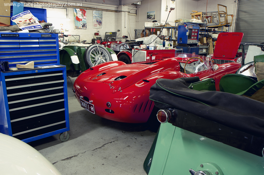 HVR shop visit May 2014 - Main shop - Maserati replica - MG pair - rear three-quarter shot 1
