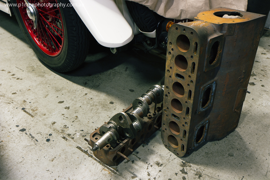 HVR shop visit May 2014 - Storage area - White MG - Engine block and crank - rear three-quarter shot 2