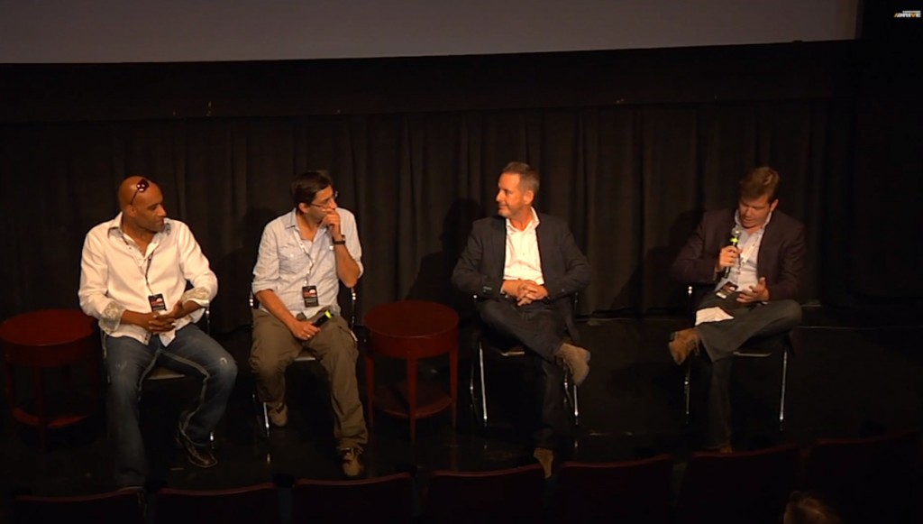 Jalopnik‘s Travis Okulski presents the discussion following Senna at the Jalopnik Film Festival. Panel participants include: Asif Kapadia, Director, and racers Greg Tracy and Robb Holland.