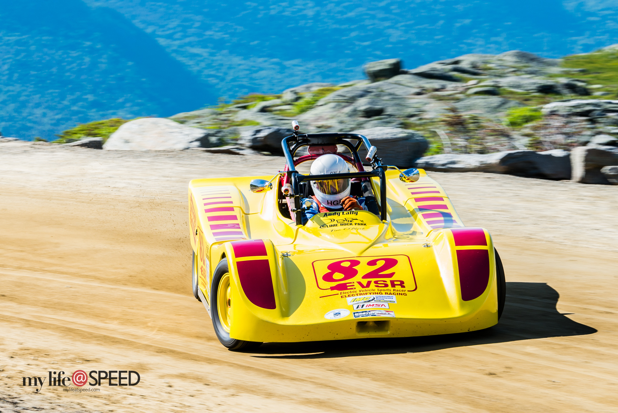 Tim O’Neil in the 2014 EVSR, sideways in the only fully electric car at the Hillclimb