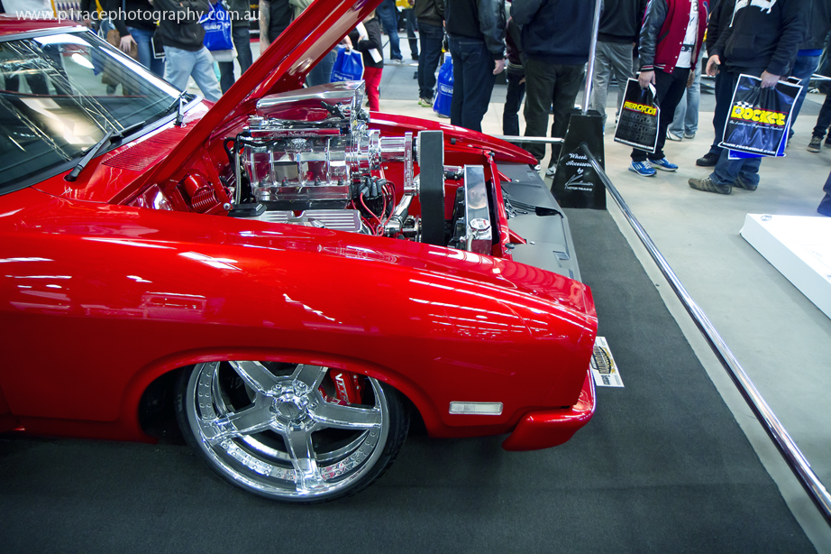 MotorEx 2014 - Red Rides By Kam XB Ford Falcon Coupe - Front quarter engine bay shot 1