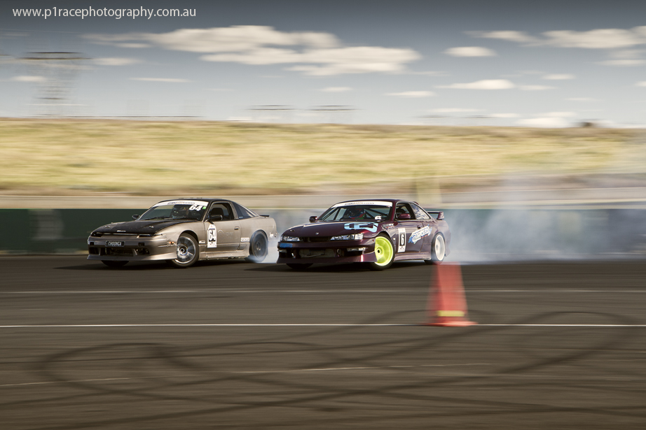 VicDrift 2014 - Round 5 - Choonga - RPS13 Nissan 180SX - Scott Dickie - Purple S14 200SX - Turn 3 outer clipping point - Front three-quarter pan 2
