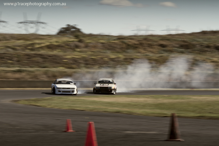 VicDrift 2014 - Round 5 - Matt Russell - AE86 Toyota Corolla Levin - Anthony Baiano - White S13 Nissan Silvia - Turn 1 entry - Front pan 1