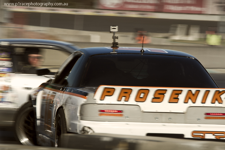VicDrift 2014 - Round 5 - Michael Prosenik - S13 V8 Nissan Silvia - Steven Dart - Turn 2 apex - Post-spin - Prosenik almost hitting Dart 1
