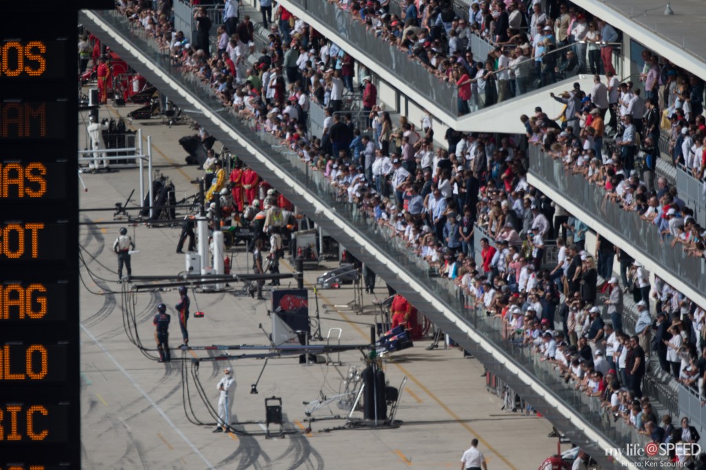A long look down to pit lane and the VIP suite balconies