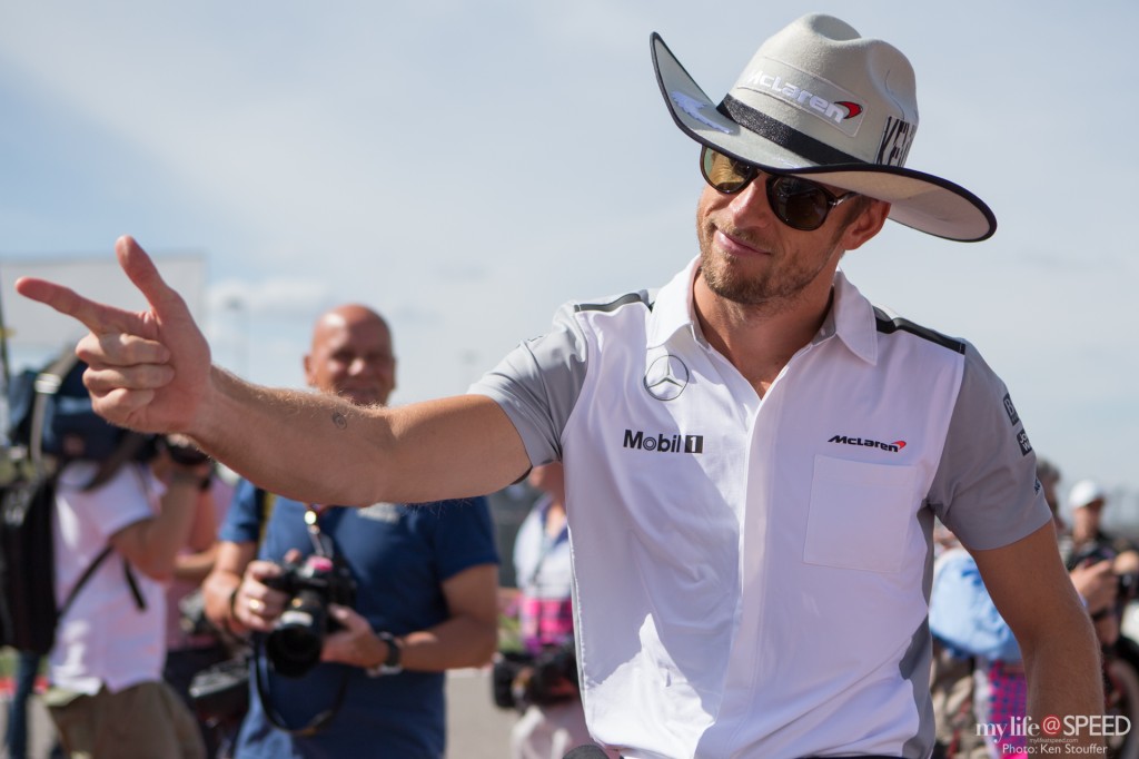 Jenson Button plays the cowboy during pre-race ceremonies.