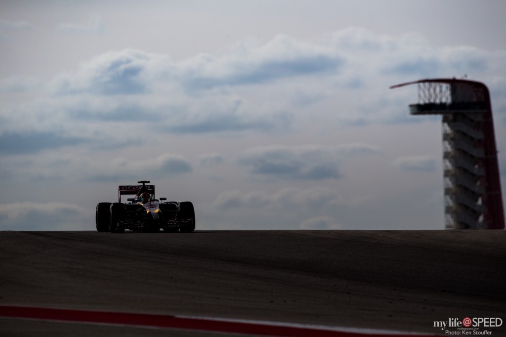 Over the crest coming into turn 1.  The iconic COTA tower in the background.