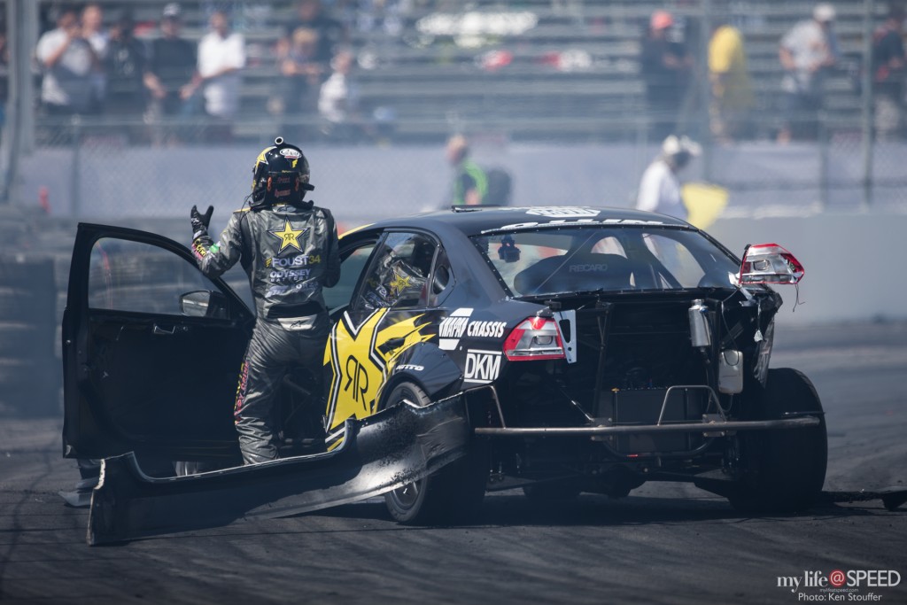 Tanner Foust tangles with the wall in turn 10 just before qualifying was set to begin