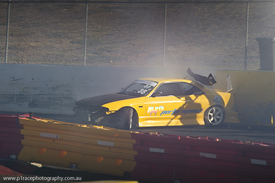 VicDrift Round 1 2015 - Yellow R33 GTS-t - Wall - Crash shot 1