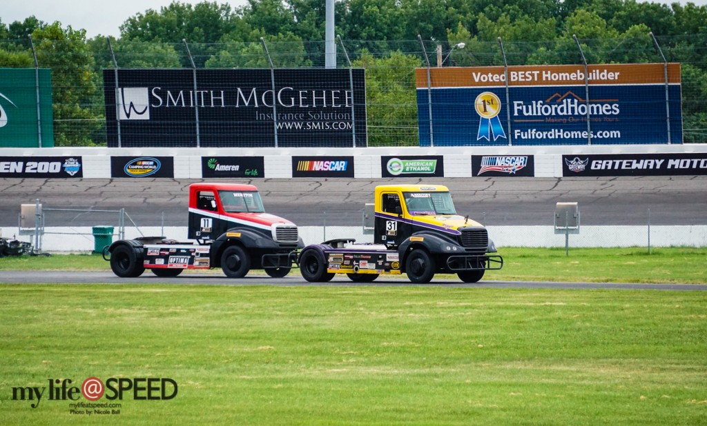 Justin Ball driving truck #31, Drago and Kriztian Szabo driving truck #11 during the Podium Race.