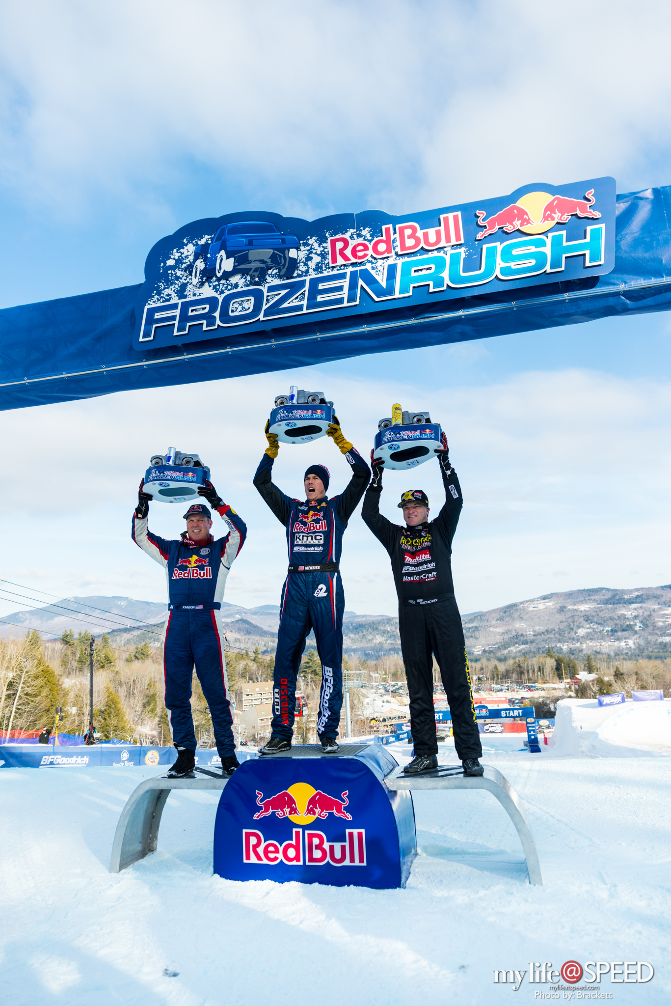 The top three hold up their customer trophies during the ceremonies following Frozen Rush. From left to right, Ricky Johnson in 2nd, Bryce Menzies in 1st and Rob Maccachren in 3rd