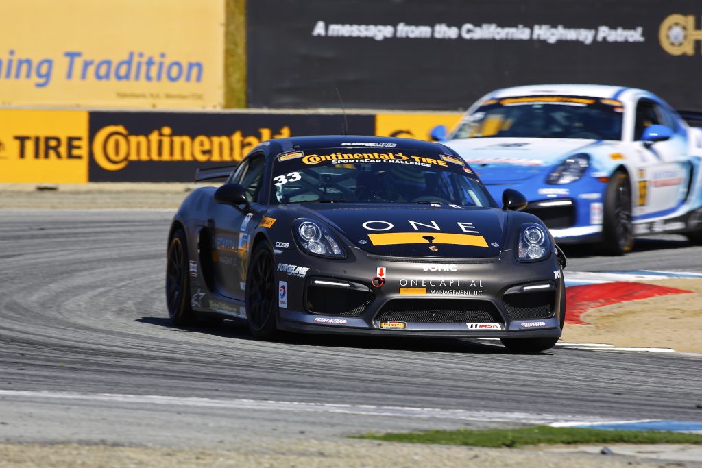 Nose to tail, the #33 and #35 CJ Wilson Racing Porsche Cayman GT4 Clubsport