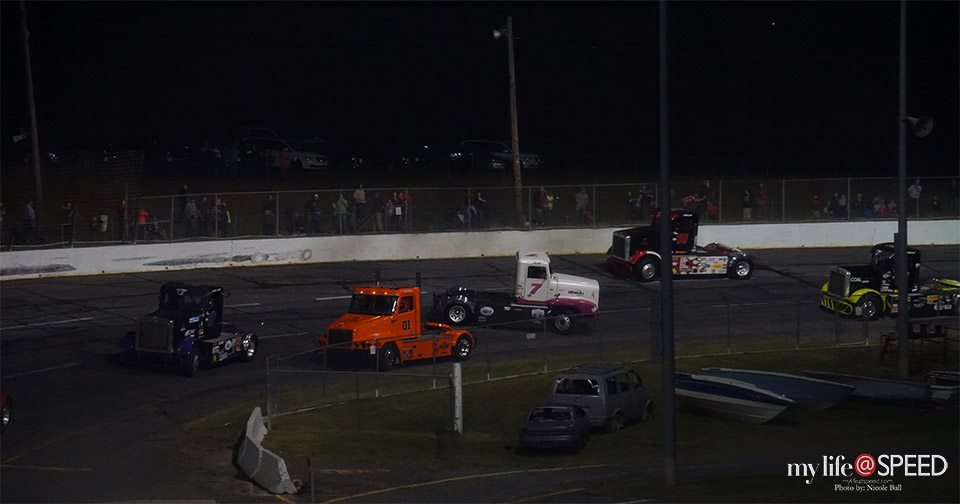 Jon Lisenbee, #7, spun around and to everyone's surprise did not hit a single truck. 